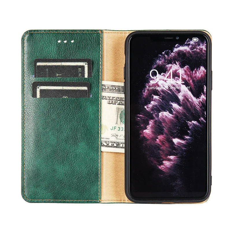 Mobile Phone Holster Protective Cover Flip Phone Case Pure Colour Magnetic Leather PU Soft TPU Wallet Card Slot Adjustable Bracket Samsung Note S Series Classic Black Sapphire Blue Emerald Green