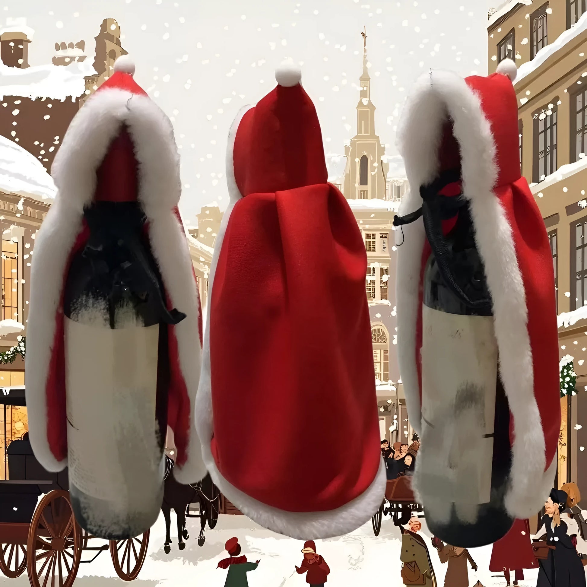 Two-tone cloth wine bottle cloak on a champagne bottle for Christmas decoration.