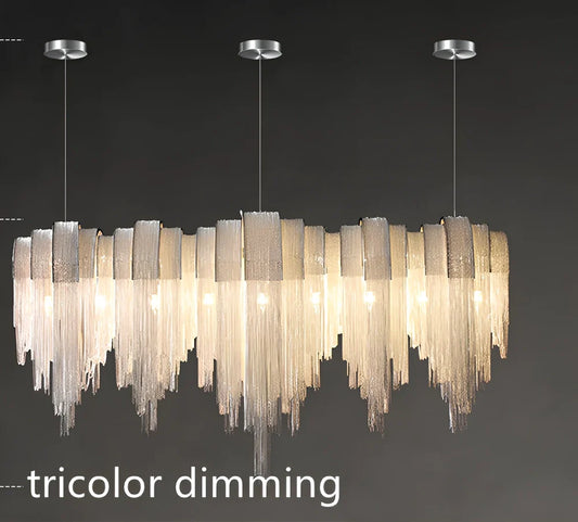Silver Nordic tassel aluminium chain chandelier, 110cm diameter with 130cm adjustable wire and 5000K LED for living room lighting