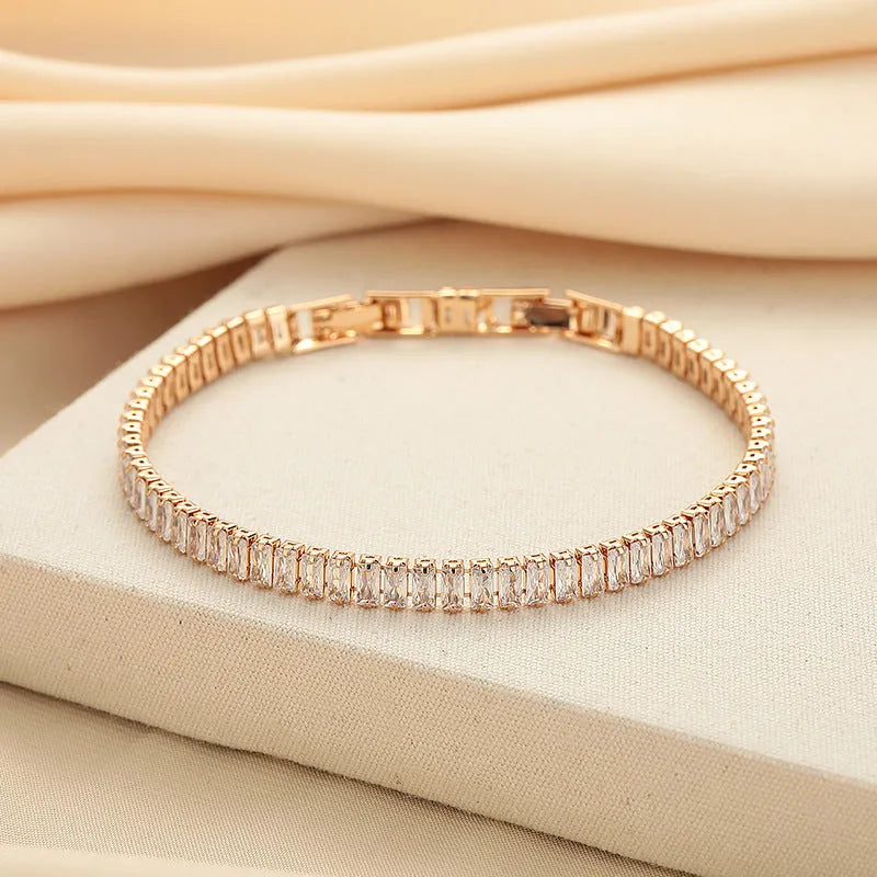 Women's rectangular geometric brass bracelet with full diamond zircon inlay in champagne gold colour