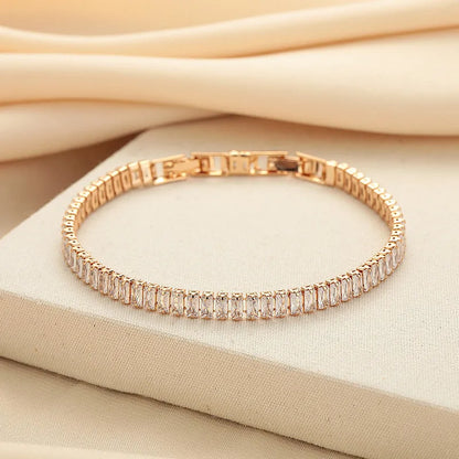 Women's rectangular geometric brass bracelet with full diamond zircon inlay in champagne gold colour