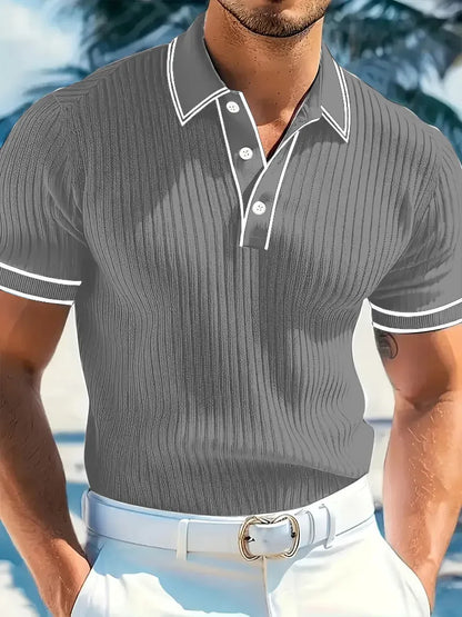 Men's loose fit striped polo shirt in chemical fibre blend fabric, short sleeve, shown in wine red colour.