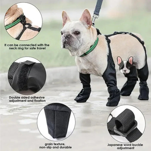 Adjustable waterproof dog boots with non-slip soles in black