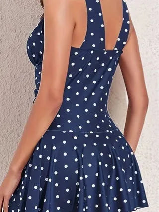 Women's blue polka dot print plus size swimsuit with skirt and separate bikini top