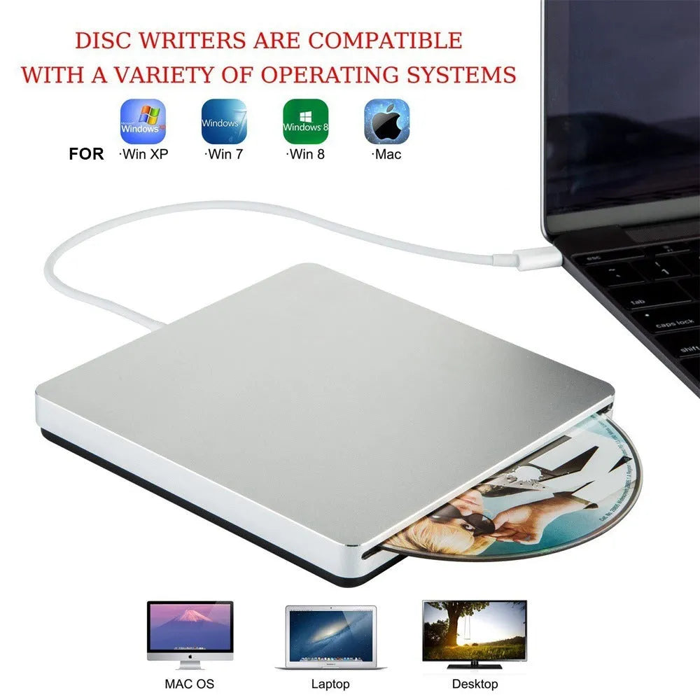 Ultra-thin silver Type-C external CD DVD burner with suction drive, 138 x 142 x 16 mm, for 12cm and 8cm discs