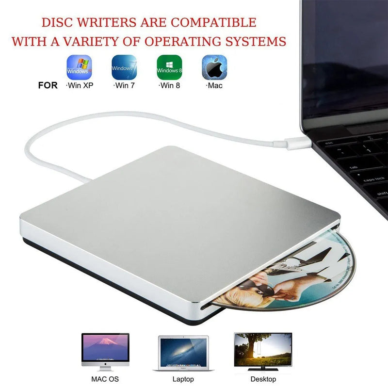 Ultra-Thin Portable CD External Suction Burner Type-C Plug and Play CD VCD DVD Drive for Laptop Desktop PC Mac Windows 12cm 8cm Disc Silver Gold Rose Gold