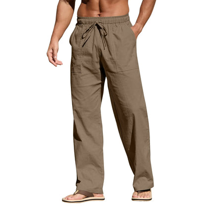 Men's cotton beach trousers with drawstring elastic waist straight leg casual design in multiple colours