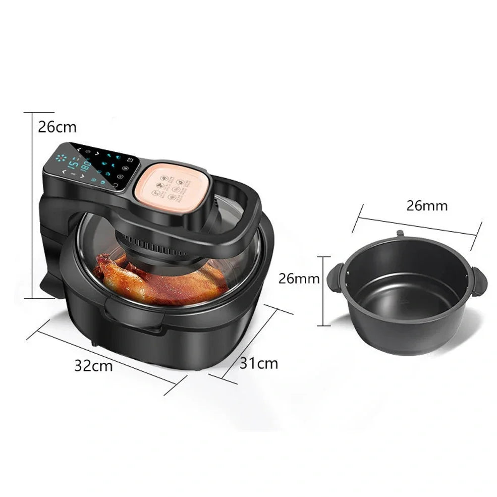 Green 6L air fryer with touch controls, 335x325x295mm dimensions, 1500W power for family cooking