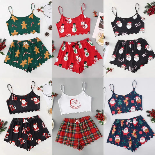 Christmas women's milk silk pajamas two-piece set with festive designs