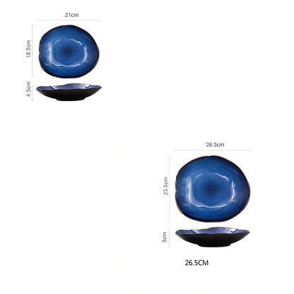 Deep blue irregular ceramic flat plate, 20.5cm diameter with kiln glaze, smooth surface for easy cleaning