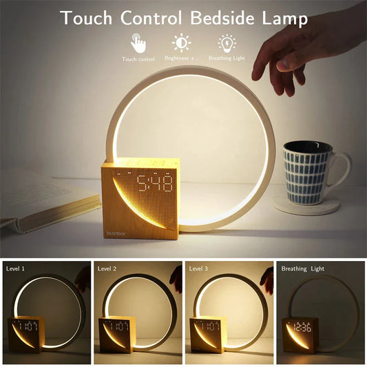 Multifunctional alarm clock bedside lamp with natural sounds, touch control, and 3-level brightness for a relaxing sleep and productive morning routine