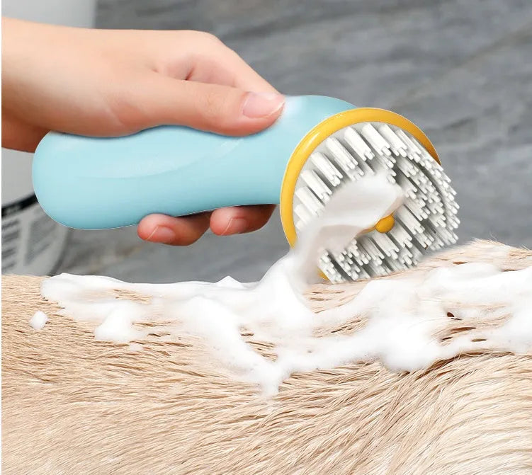 Blue hand-held pet bath brush with soft bristles for dog and cat grooming.