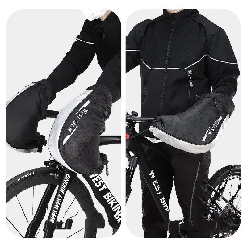 Black one-size winter cycling gloves with waterproof PU outer, fleece lining, and reflective safety details