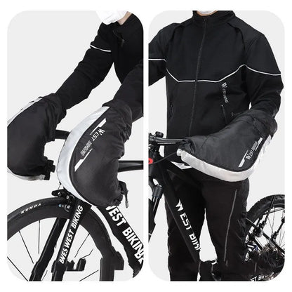Black one-size winter cycling gloves with waterproof PU outer, fleece lining, and reflective safety details