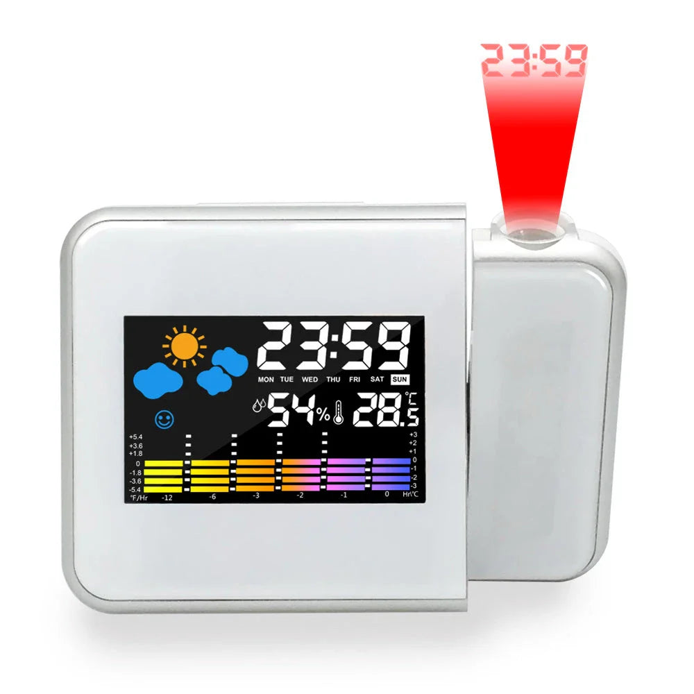 Multifunctional digital weather station alarm clock with time projection, temperature and humidity display, and weather forecast