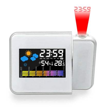 Multifunctional digital weather station alarm clock with time projection, temperature and humidity display, and weather forecast