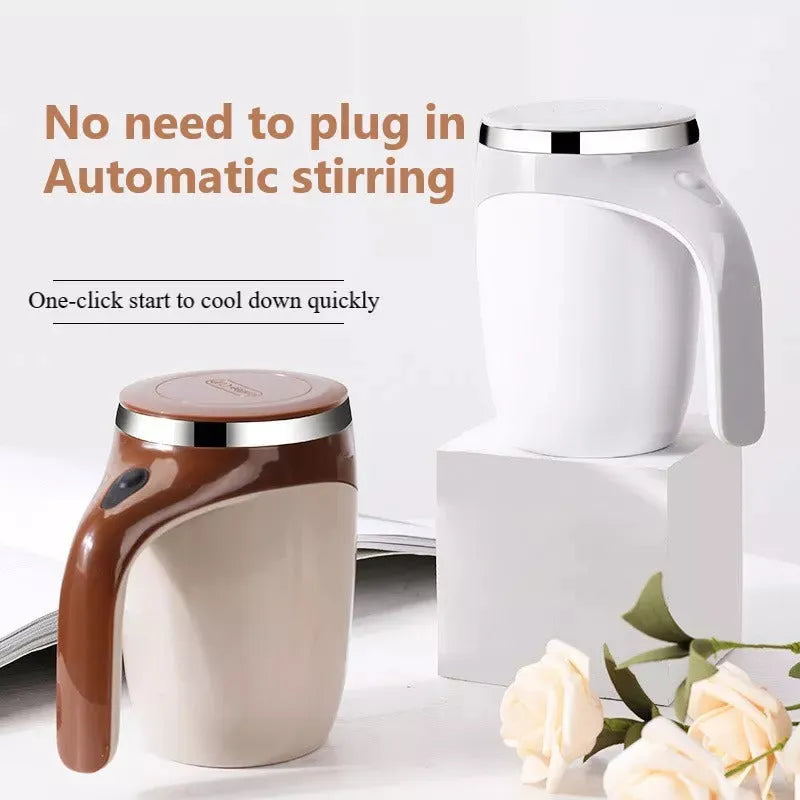 White automatic stirring coffee cup with magnetic mixing technology and modern design