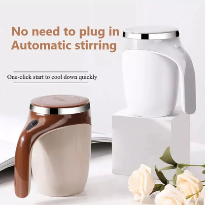White automatic stirring coffee cup with magnetic mixing technology and modern design