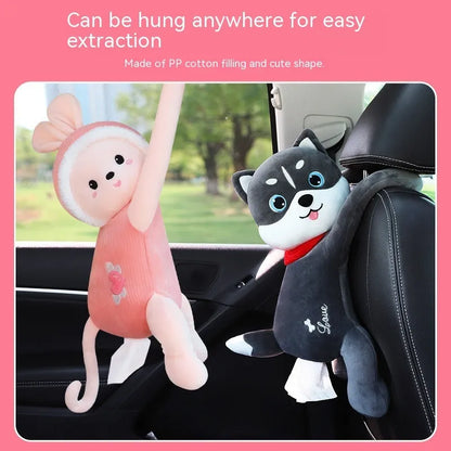 Plush animal design tissue box holder mounted on back of car seat