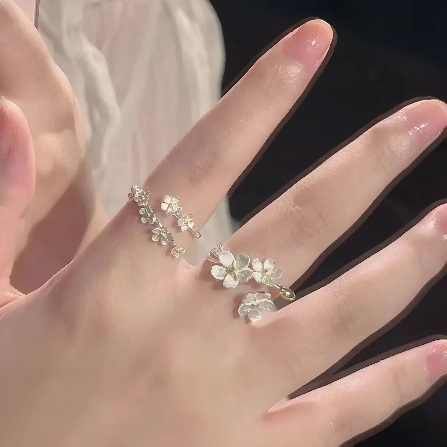 Adjustable open-mouth zinc alloy ring with 3D jasmine flower design and electroplated finish.