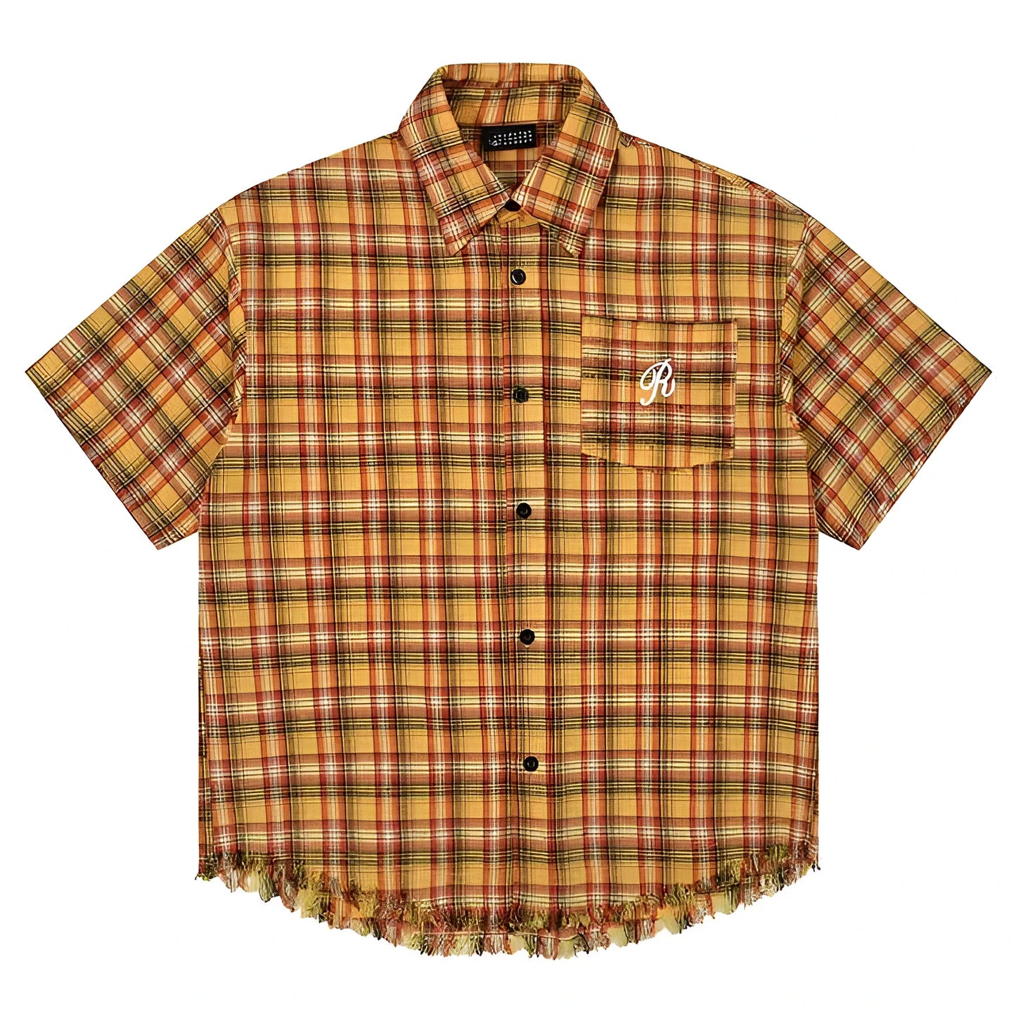 Yellow grid pattern short sleeve plaid shirt with embroidered pocket, loose fit casual shirt