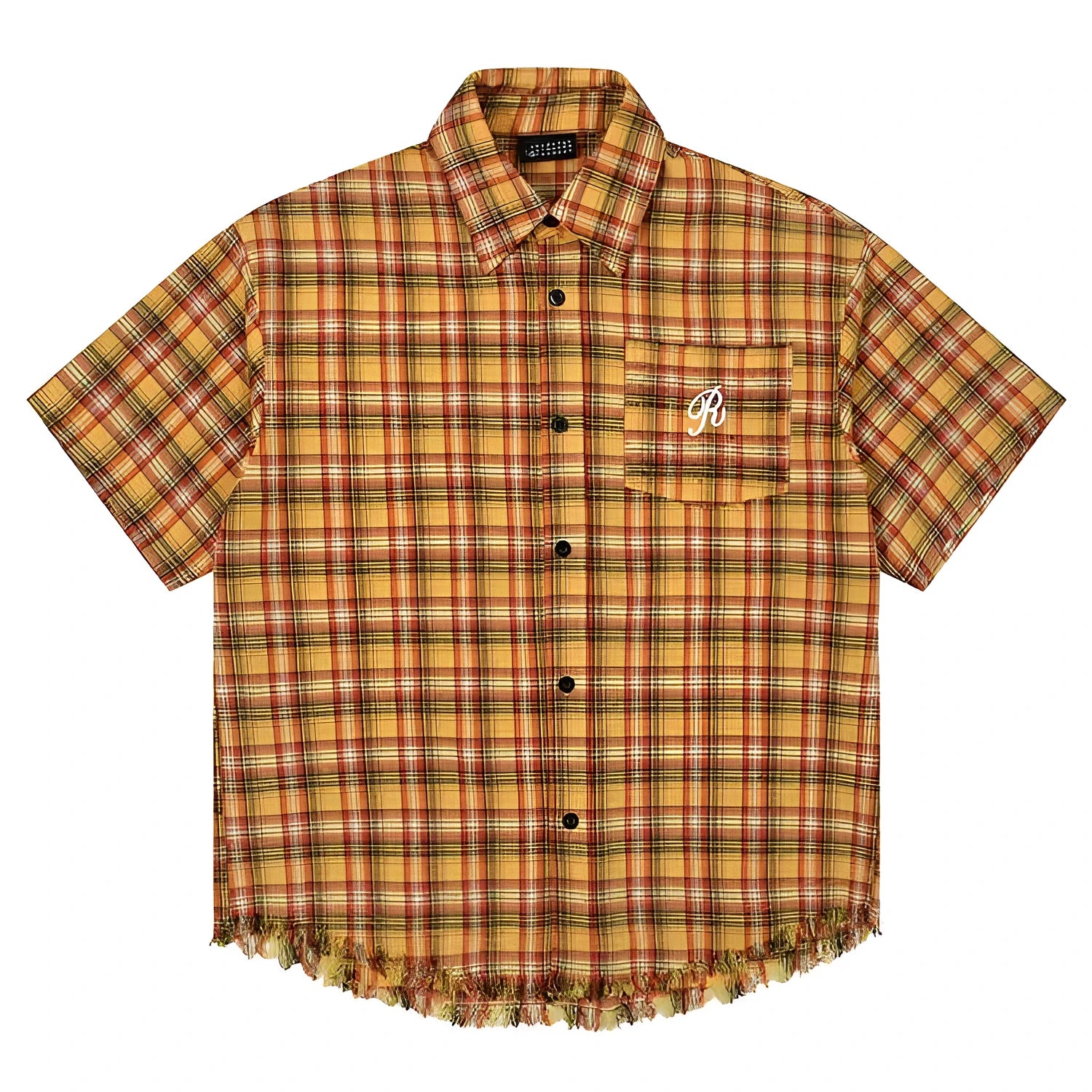 Yellow grid pattern short sleeve plaid shirt with embroidered pocket, loose fit casual shirt