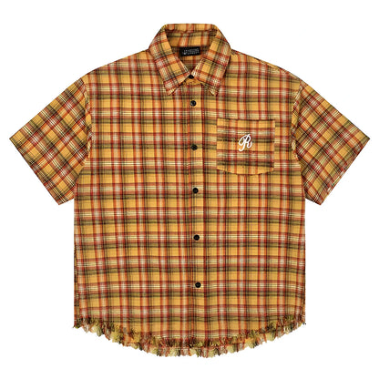 Yellow grid pattern short sleeve plaid shirt with embroidered pocket, loose fit casual shirt