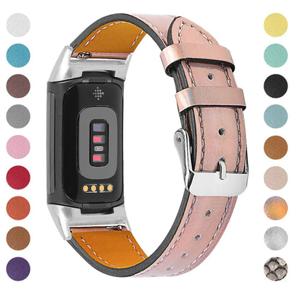 Genuine leather strap for Fitbit charge5/6 smartwatch adjustable 5.5-8.1 inches 16 colours