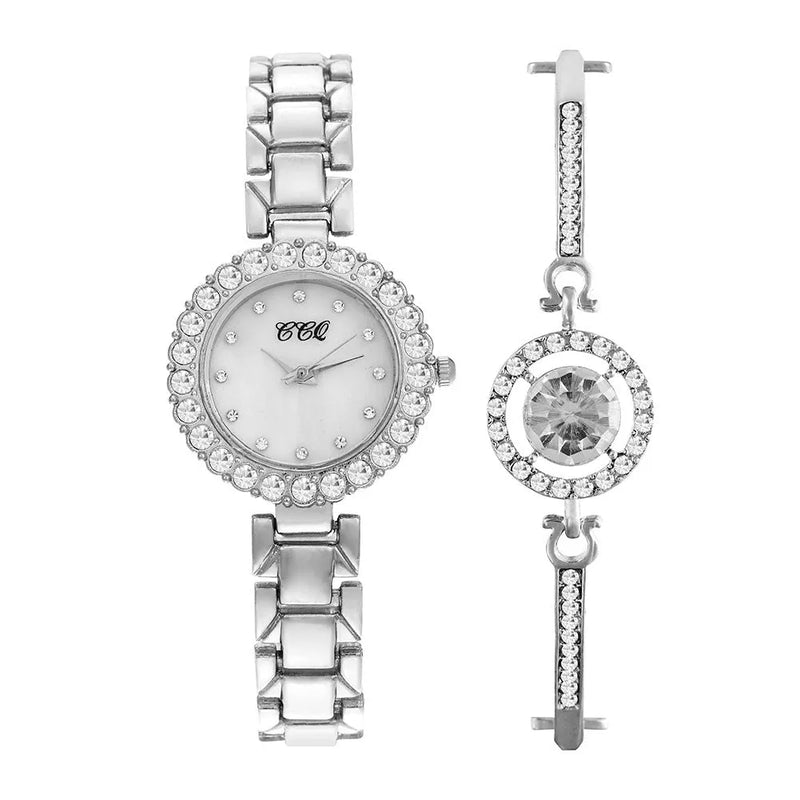 Women's Fashion Diamond Bracelet Watch Set in Stainless Steel with 3cm Round Case, 24cm Strap, Quartz Glass Mirror, Single Folding Buckle, Gold or Silver Finish, Watch Only or with Bracelet and Gift Box