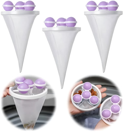 Three reusable washing machine hair filter bags in blue, pink, and purple colours for pet lint removal