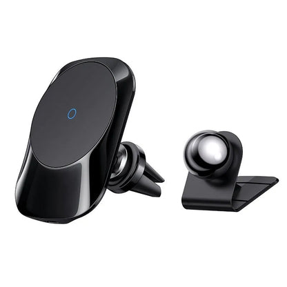Black magnetic car wireless charger mounted on car air vent with phone attached