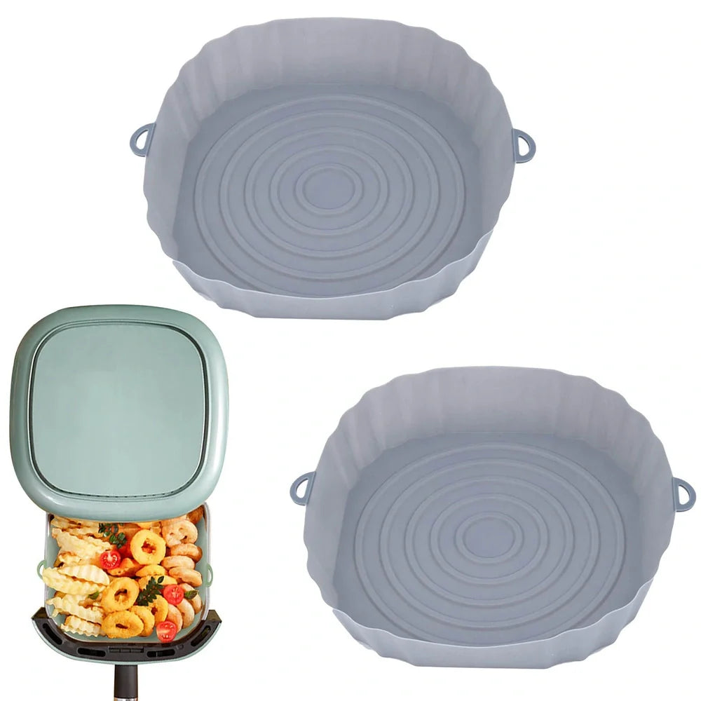 Silicone air fryer baking tray with 4.5cm depth in light grey, pink, brown or green