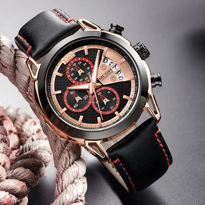 Men's black waterproof luminous quartz watch with leather strap and alloy case