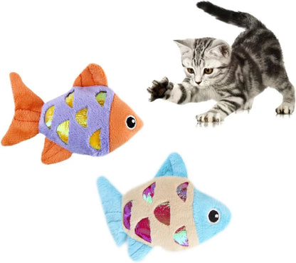 Two small plush goldfish cat toys with crinkle paper sound layer and catnip filling