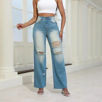 High-waisted ripped jeans with pockets in light green and navy blue colors, featuring a slim, straight leg silhouette and comfortable cotton-silk blend fabric