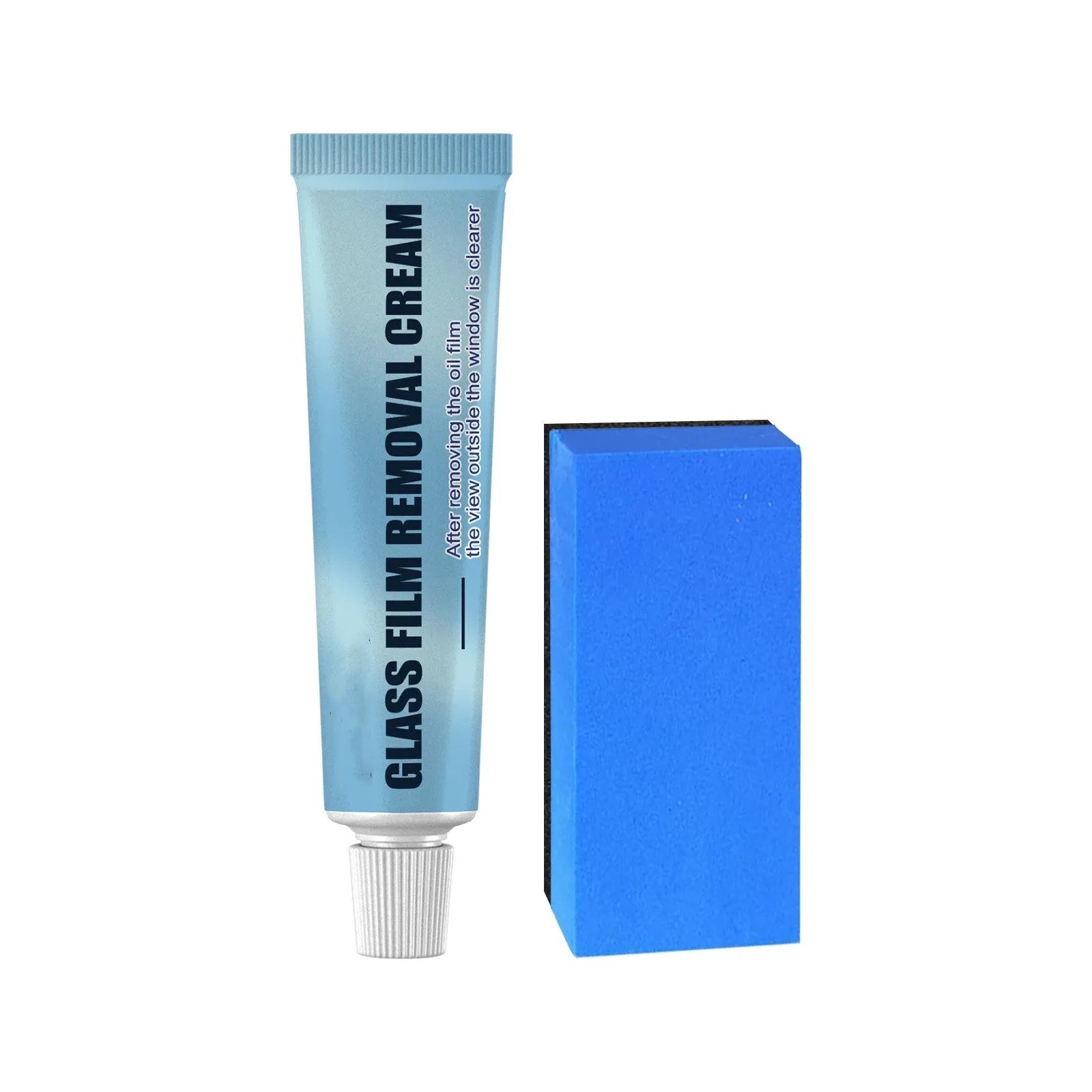 Blue car glass oil film remover stick with a soft sponge applicator for cleaning windscreens and windows.