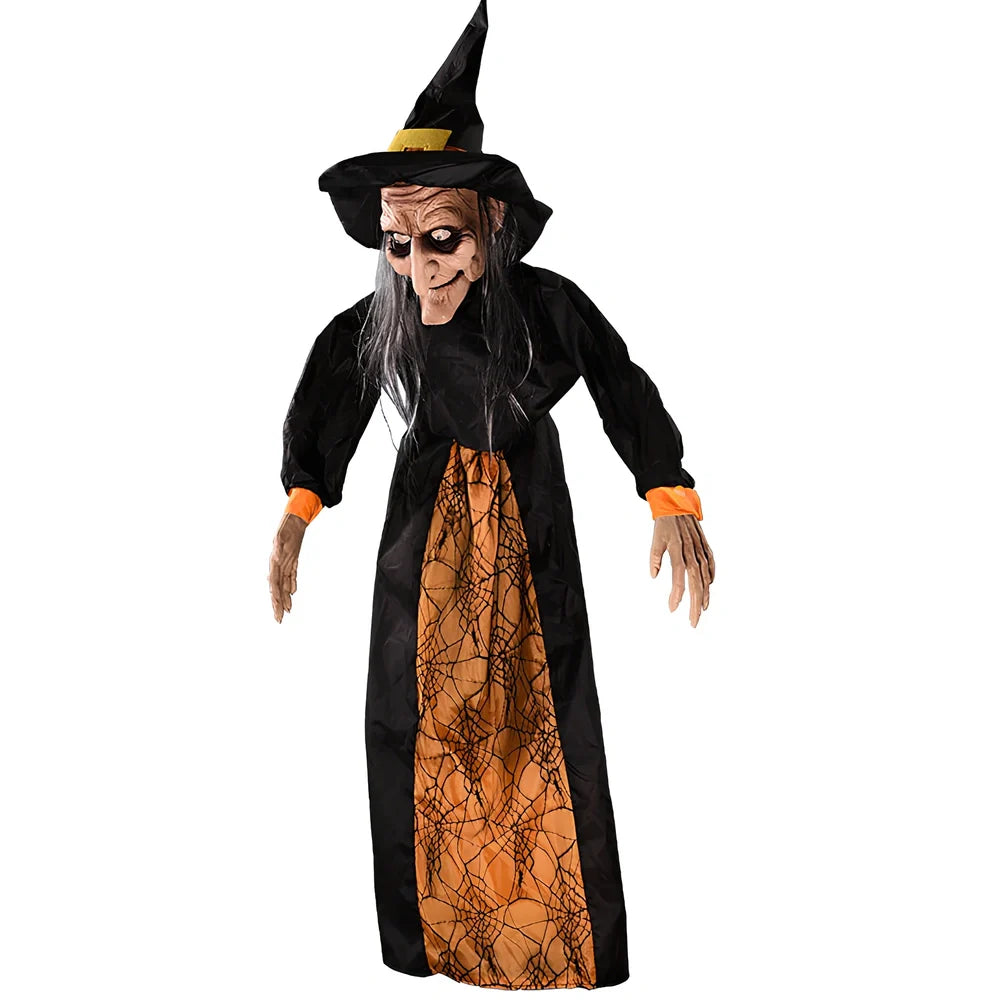 120cm black voice-activated electric witch prop with purple option for Halloween decorations, polyester material