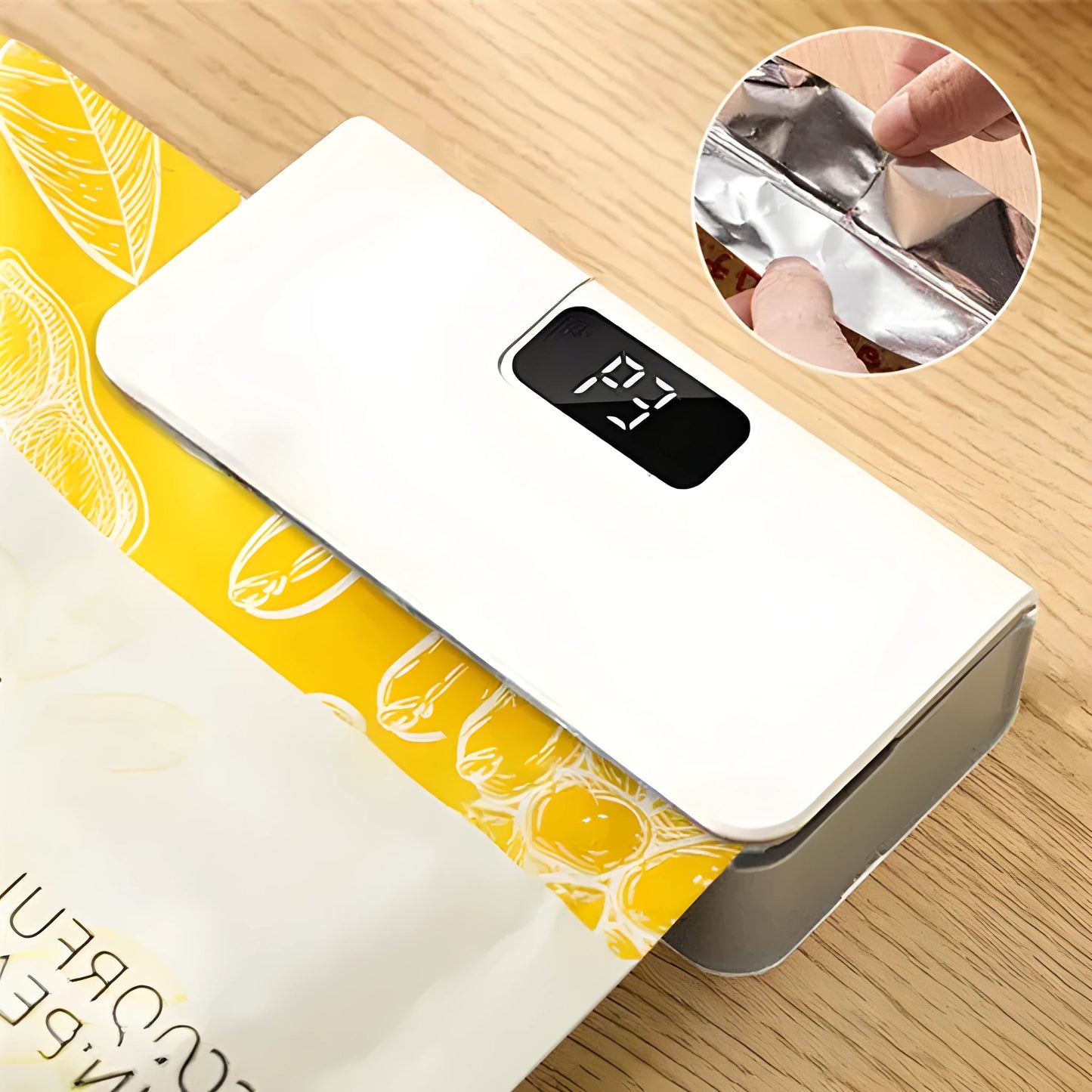 Small white portable mini sealing machine for heat sealing plastic snack bags measuring 4x3.5x14.4cm
