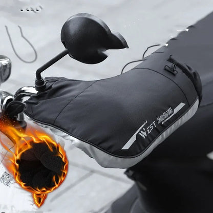 Black one-size winter cycling gloves with waterproof PU outer, fleece lining, and reflective safety details