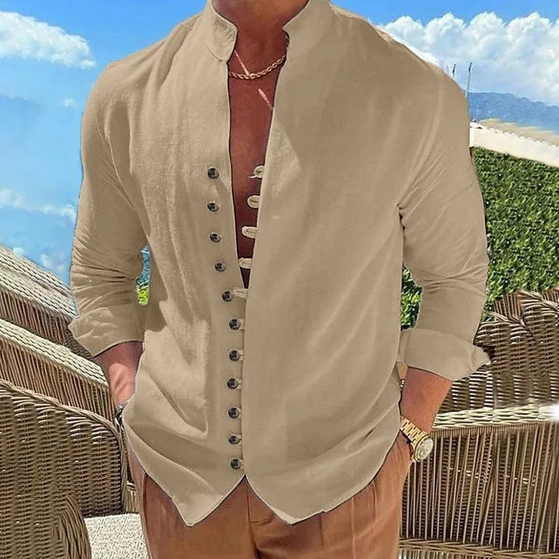 Men's retro button long-sleeved shirt in black, loose fit, standing collar, cotton polyester blend.