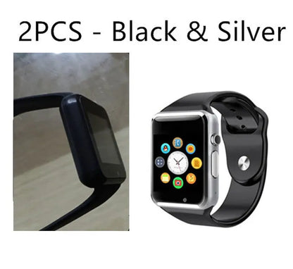 A1 Android Smart Watch with 1.54-inch screen shown in multiple colour options including black, silver, and gold.