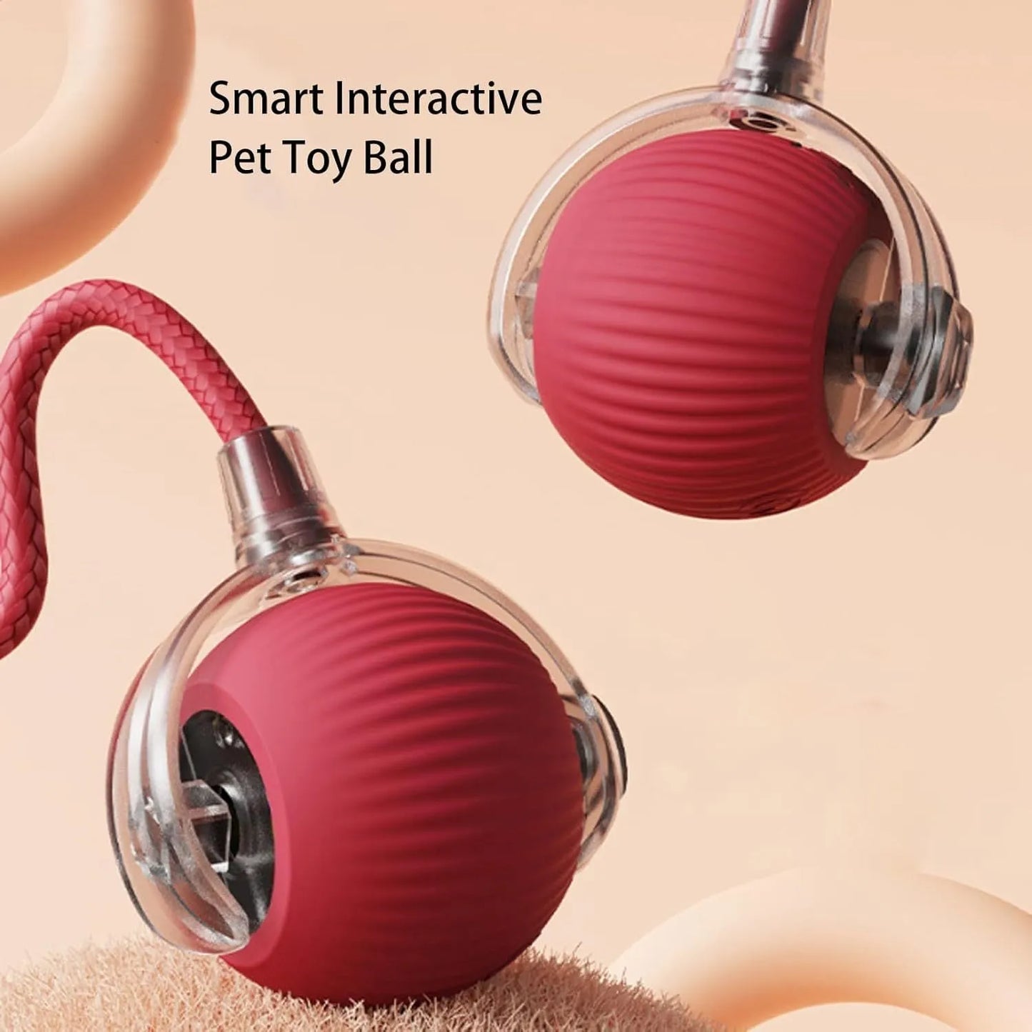 Smart automatic 360 rolling pet ball toy with rope attachment in grey, green, and red colours
