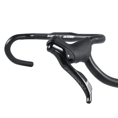 Black aluminium alloy road bike bent handlebar showing 420mm width and 31.8mm clamp area