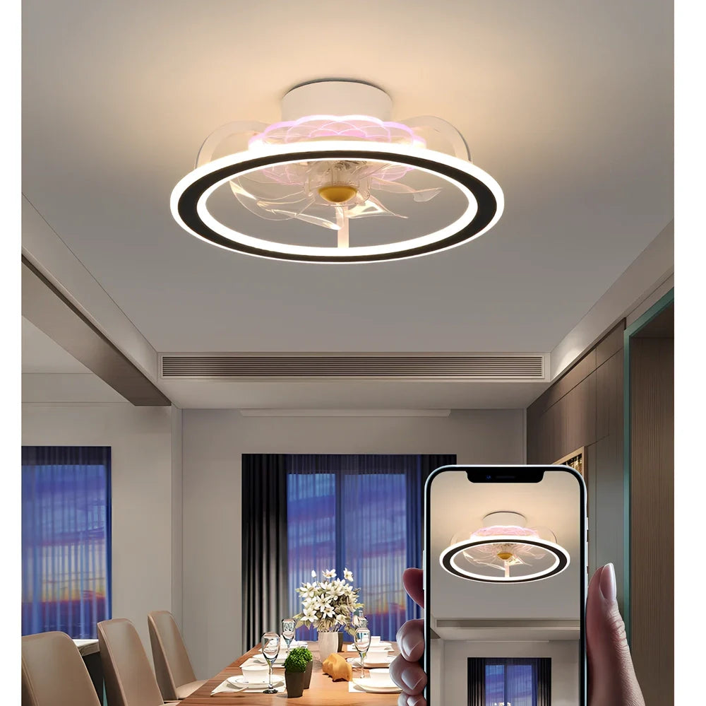 Modern bedroom ceiling fan lamp in white circle with metal blades and Yake shade, 80cm diameter for 220V use