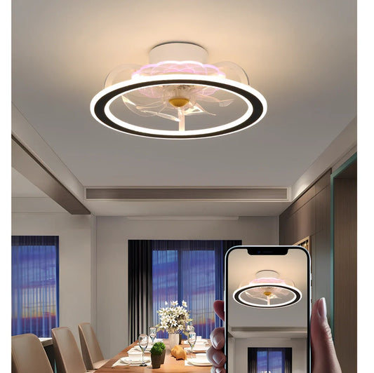 Modern bedroom ceiling fan lamp in white circle with metal blades and Yake shade, 80cm diameter for 220V use