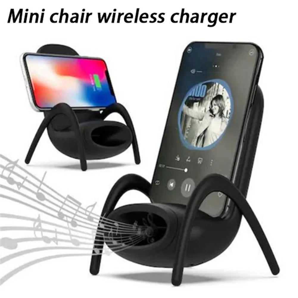 White portable mini chair wireless charger on desk with phone, showing compact 96.3mm size and fast charging