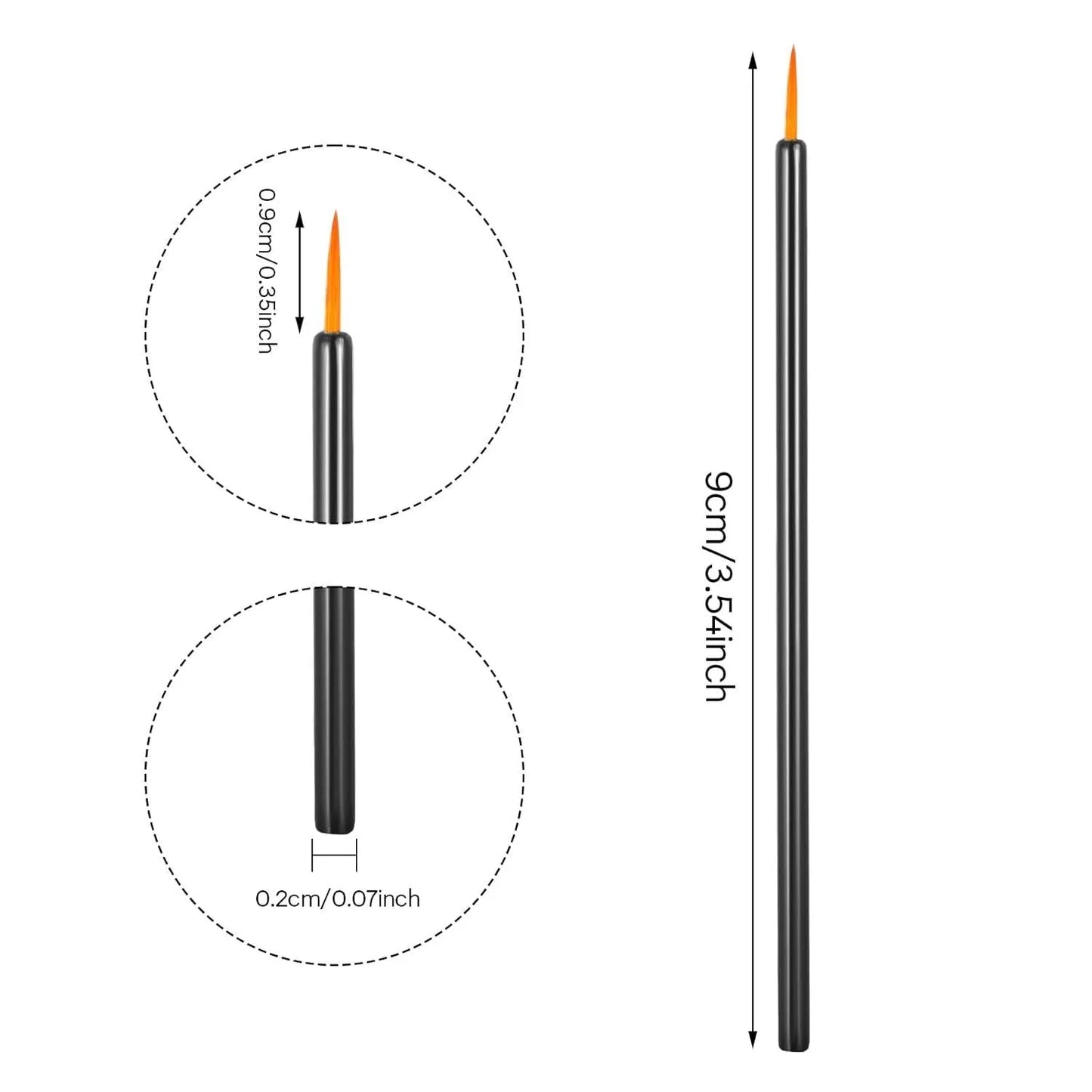 Pack of 100 black-handled disposable eyeliner brushes with ultra-fine tips and clear plastic sleeves.