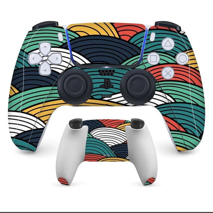 PS5 DualSense controller with a non-adhesive, patterned protective skin applied to the front and back.