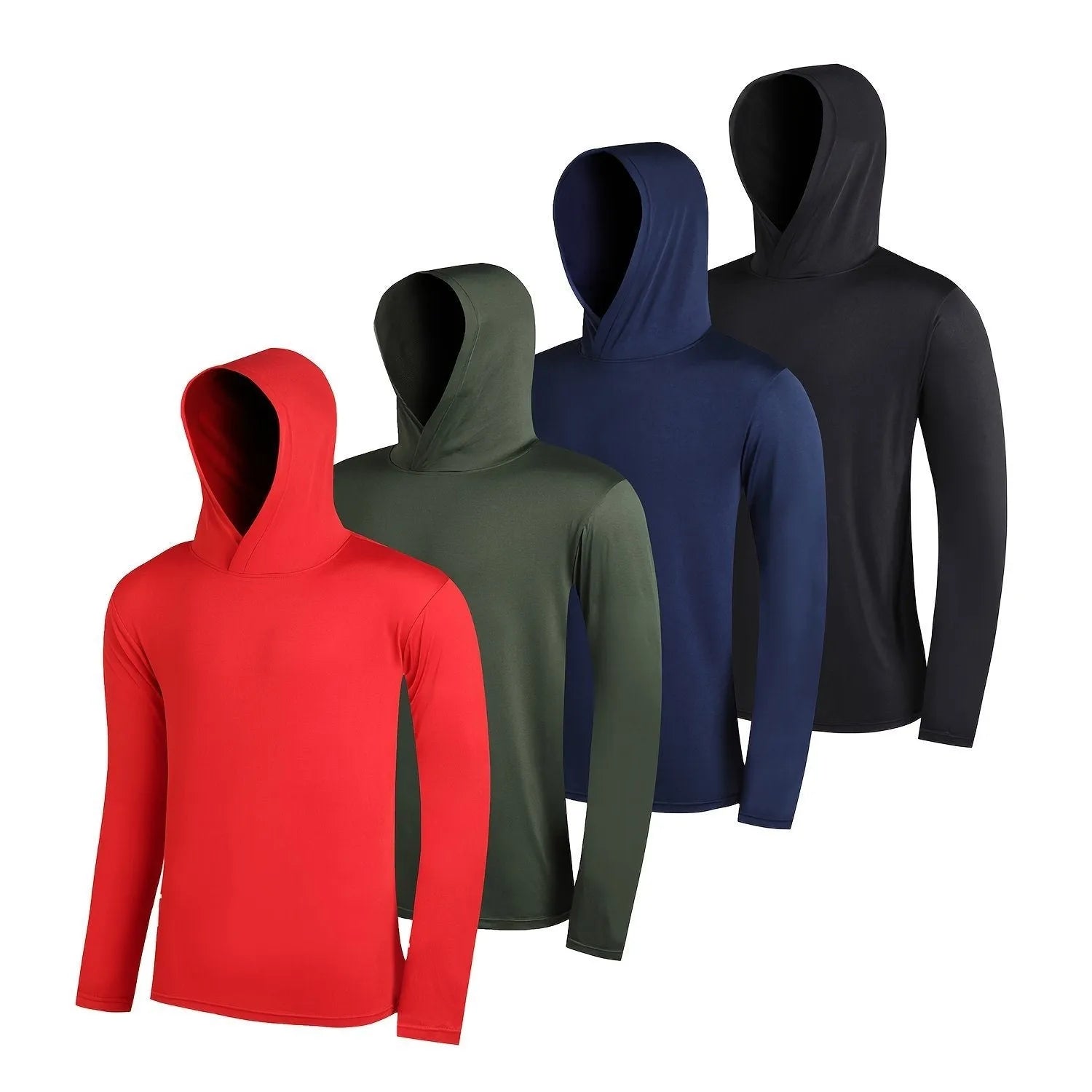 Four coordinated men's hoodies in lightweight elastic polyester fabric showing hooded and non-hooded style options