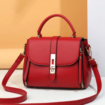 Soft black PU leather women's messenger bag with adjustable strap, shown in square vertical shape.